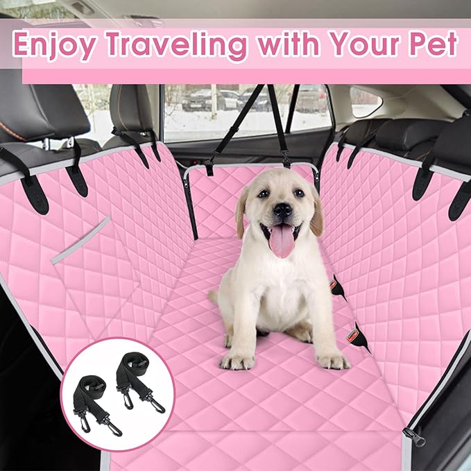 NECKORY Waterproof Dog Car Seat Cover for Back Seat - Durable, Scratch Proof Pet Hammock with Nonslip Design & Storage Pockets, Fits Cars, SUVs, Trucks - L, Pink/Grey