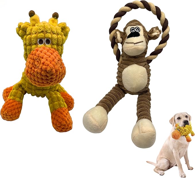 Plush Wrinkled Squeaky Dog Toy,2-Pack The Best Durable Teething Puppy Rope Chew Toy Keeps Them Busy Playing Hide-and-Seek Suitable for Puppy, Medium Dogs and Large Dogs (Yellow & Brown)