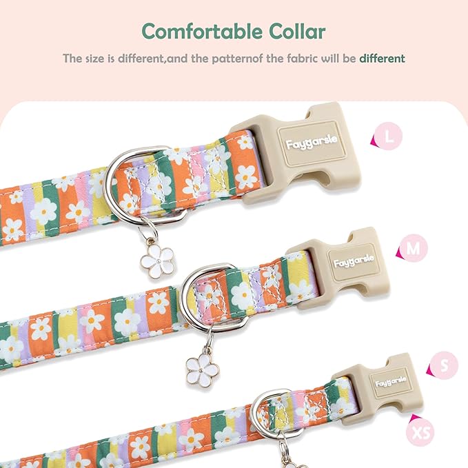 Faygarsle Colorful Floral Dog Collar, Cotton Fabric with Daisy Pattern, Multi-Color Stripes Spring Summer Design for Small Medium Large Dogs M