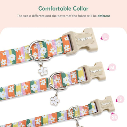 Faygarsle Colorful Floral Dog Collar, Cotton Fabric with Daisy Pattern, Multi-Color Stripes Spring Summer Design for Small Medium Large Dogs M
