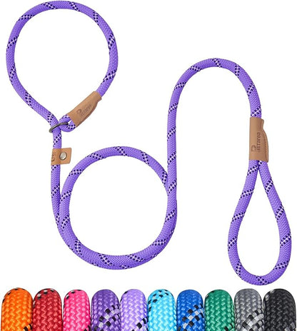 Heavy Duty Rope Dog Leash, No Pull Training Lead with Reflective Thread, Strong Comfortable Loop - Purple Stripe, Large(1/2")
