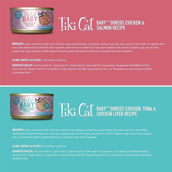 Tiki Cat Baby, Shreds Variety Pack, High-Protein and Flavorful, Wet Cat Food for Kittens 8 Weeks Plus, 2.4 oz. Cans (Pack of 12)