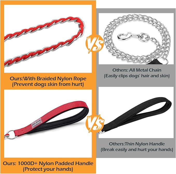 Dog Leash Chew Proof, Chain Leash Anti Chew Dog Leash for Large Dogs Heavy Duty, Indestructible Metal Leash Anti Bite Chain Link with Woven Cord Soft Padded Handle (Red, 5FT)