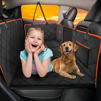 ROUWINNE Back Seat Extender for Dogs - Holds 420lb, Hard Bottom Dog Bed Back Seat Cover, Pet Car Seat Cover Backseat Extender,Upgraded Material Waterproof Dog Hammock for Car，SUV, Truck, Black/Orange
