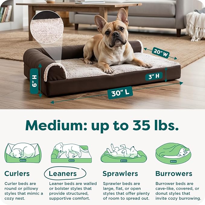 Furhaven Orthopedic Dog Bed for Medium/Small Dogs w/ Removable Bolsters & Washable Cover, For Dogs Up to 35 lbs - Two-Tone Plush Faux Fur & Suede L Shaped Chaise - Espresso, Medium,30"L x 20"W x 6"Th