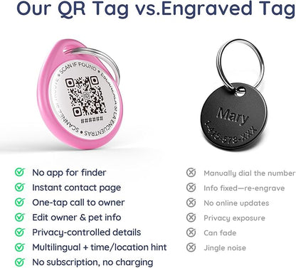 QR Code Dog Tag and Cat Tag, Scan to Reunite Faster, Waterproof and Durable, Lightweight and Quiet, Updatable Contact Info, Red and Pink, 2 Tags in 1 Pack