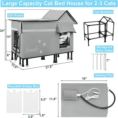 Xosody Heated Cat House for Outside Cats- 100% Weatherproof Insulated Outdoor Cat House with Heating Pad, Elevated Base & Safe Escape Door, Warm Kitty Shelter for Feral or Stray Cats in Winter