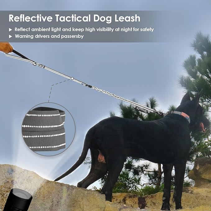 AUBELL Tactical Dog Leash Heavy Duty,4-6ft Reflective Strong No Pull Bungee Leash for Small Dogs with Comfortable Padded Double Handle,Car Seat Belt,360 Degree Rotating Carabiner,Grey