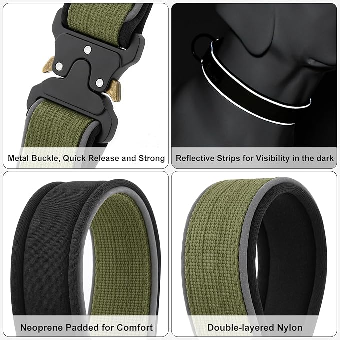 Plutus Pet Tactical Dog Collar, Reflective, Adjustable Heavy Duty Dog Collar, Soft Padded and Comfortable, for Small Medium and Large Dogs (Ranger Green, XL)