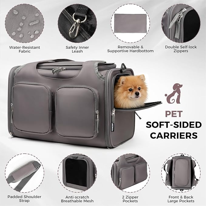 Dog, Cat Carrier for Pets Up to 15 Lbs, Airline Approved Collapsible Soft-Sided Pet Travel Bag with Locking Zippers, Breathable Mesh and 4 Large Pockets, Removable Fleece Pad (Grey)