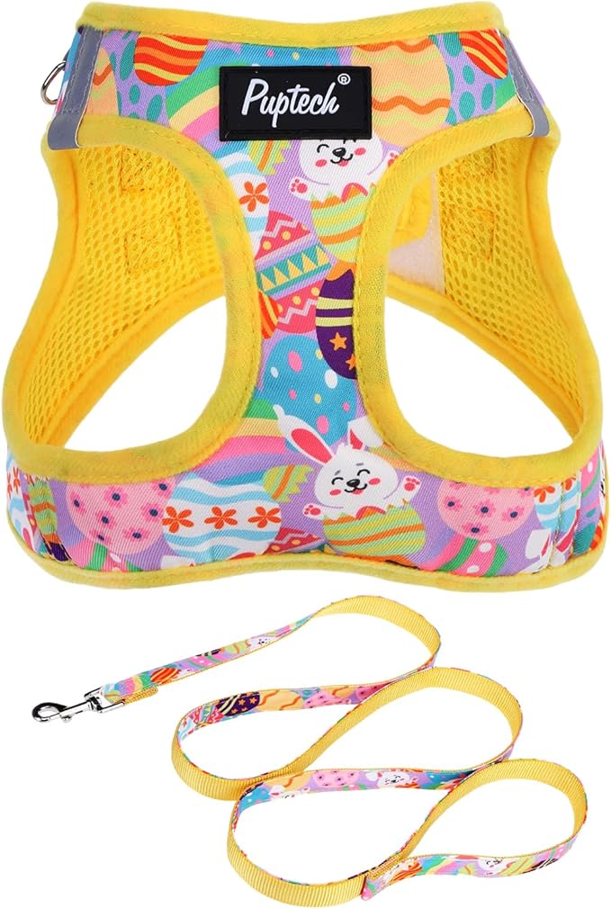 PUPTECK Dog Harness and Leash Set for Small Medium Dogs No Pull Step-in Soft Mesh Puppy Cat Vest Harnesses Reflective at Night, Easter Light Yellow, S