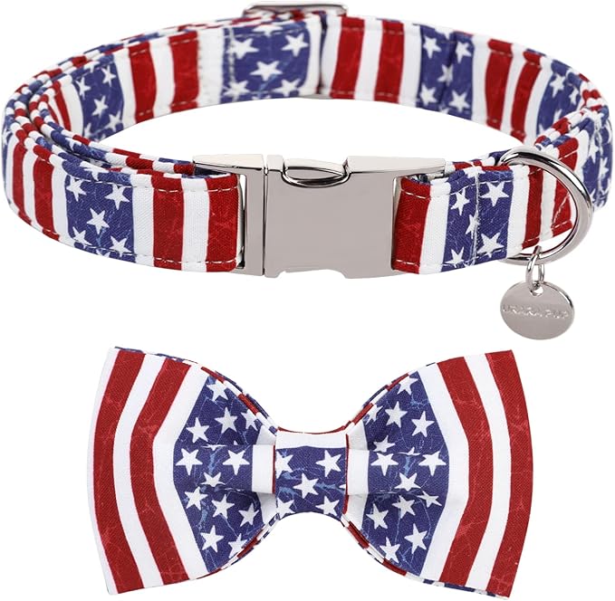 UP URARA PUP Dog Collar with Bow Tie, 4th of July Comfortable Cotton Dog Collar, American Flag Collar for X-Large Girl Boy Dog, Patriotic Bowtie Collar with Metal Buckle, XL