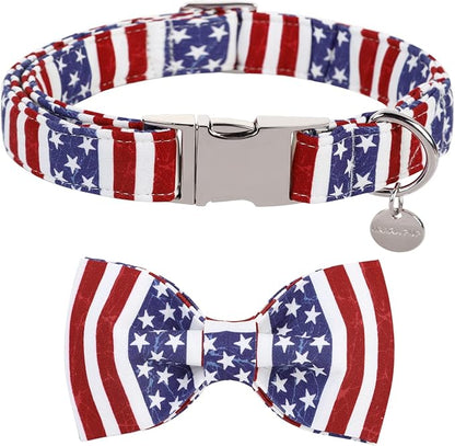 UP URARA PUP Dog Collar with Bow Tie, 4th of July Comfortable Cotton Dog Collar, American Flag Collar for X-Large Girl Boy Dog, Patriotic Bowtie Collar with Metal Buckle, XL