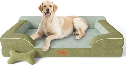 CWAWZ Jumbo Dog Bed for Extra Large Dogs, Orthopedic Dog Bed with Cooling Gel Memory Foam, Waterproof Pet Bed with Removable Washable Cover, 45" Pet Sofa Couch Dutch Velvet with Bone Toy, Dark Green