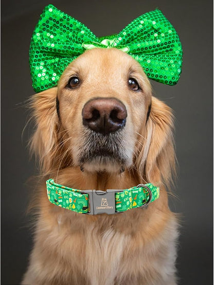 Lionheart glory Dog Collar, Cotton, Lucky Clover & Beer, Adjustable, XS-XL, Handmade Bow, for Small Dogs