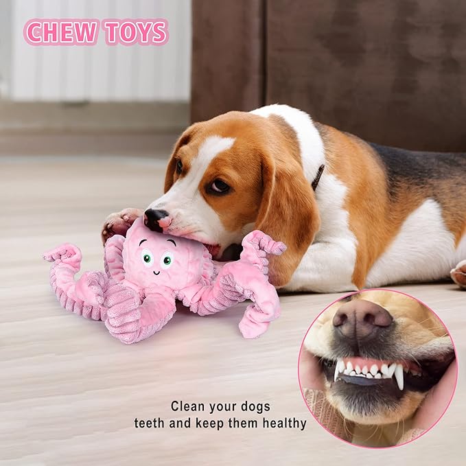 BUYPOW Dog Squeaky Toys Octopus - Tough Plush Large Medium & Small Dog Toys - Stuffed Animals Puppy Toys (Octopus Pink)