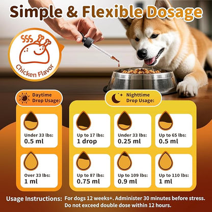 POPPAW Dog Calming & Melatonin Drops, Day & Night Calm Support Set, Soothe Separation & Stress, Enhance Calmness & Sleep with Valerian Root, Ashwagandha, GABA, Melatonin, Chicken Flavor, 2 FL.Oz