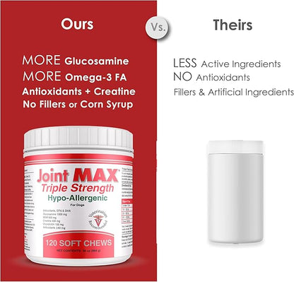 Joint MAX Triple Strength Hypo-Allergenic Soft Chews for Dogs - Hip and Joint Support Supplement with Glucosamine, Chondroitin, & MSM - Made in The USA - 120 Soft Chews