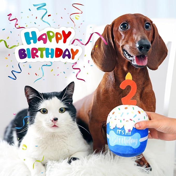 Dog Birthday Cake Toy Accessories for Girl Boy Gifts, Squeaky Plush Toy for Dog Birthday Party Decor Favor for Large, Medium and Small Dogs(2nd,Blue)