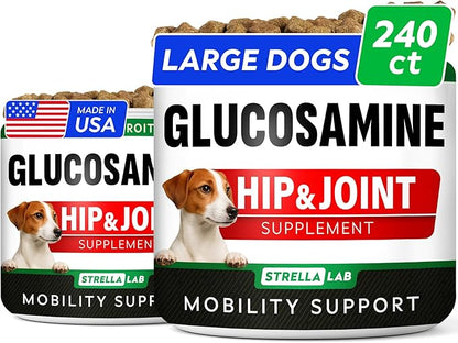 Glucosamine for Large Dogs - Joint Supplement Large Breed w/ Omega-3 Fish Oil - Chondroitin, MSM - Advanced Mobility Chews - Joint Pain Relief - Hip & Joint Care - Chicken Flavor - 240Ct - Made in USA