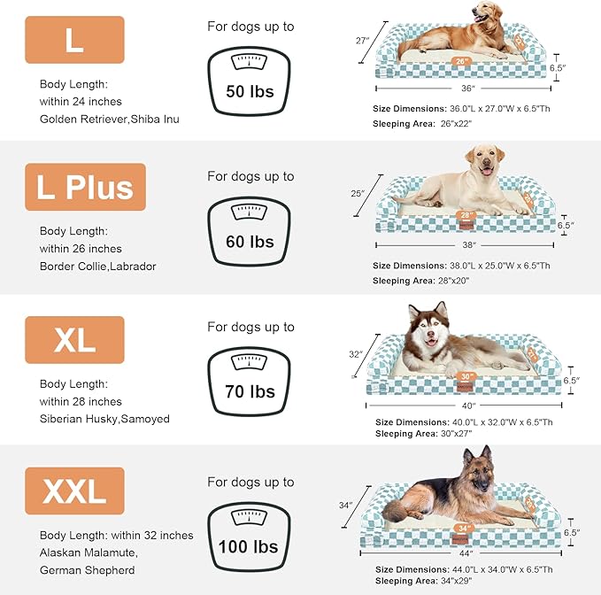 Large Dog Bed Orthopedic Washable: Beds Bolster XL Bed Big XLarge Dogs Egg Crate Foam Couch Sofa Waterproof with Removable Cover - Green Grid