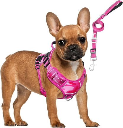 MOOGROU Tactical Dog Harness and Leash Set Small Sized Dog,Heavy Duty No Pull Service Dog Vest and 10 Patches with Dog Seat Belt,Reflective Pet Harness for Training Walking Hiking Camo Pink S