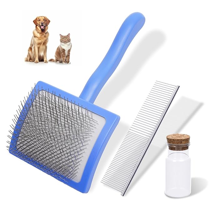 3PCS Slicker Brush for Dogs & Pet Comb,Professional Dog Grooming Brush (Goldendoodles,Poodles,Labradoodles) with Extra Long Pins to Effectively Remove Tangles, Knots,Mats Hair Collection Bottle (Blue)