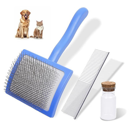 3PCS Slicker Brush for Dogs & Pet Comb,Professional Dog Grooming Brush (Goldendoodles,Poodles,Labradoodles) with Extra Long Pins to Effectively Remove Tangles, Knots,Mats Hair Collection Bottle (Blue)