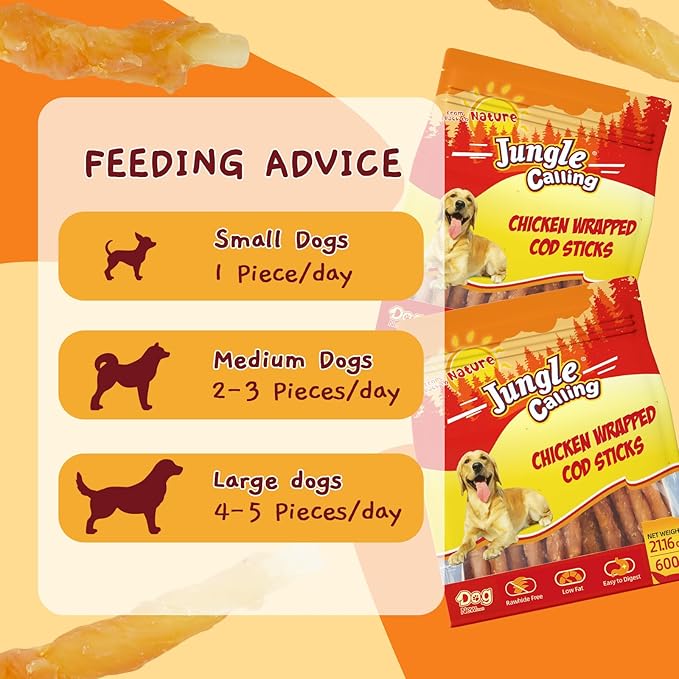 Jungle Calling Rawhide Free Dog Treats, Chicken Wrapped Cod Sticks for Dogs, Easily Digestible Long Lasting Dog Chews, Soft Dog Treats for Training Small Medium Dogs, 1.32 lb