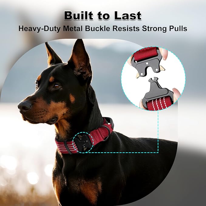 Plutus Pet Tactical Dog Collar with Tracker Pocket for AirTag, Adjustable Reflective Nylon Collar, Metal Buckle, Leather-Wrapped Handle, Soft Padded for Medium Large Dogs (Burgundy Red, L)