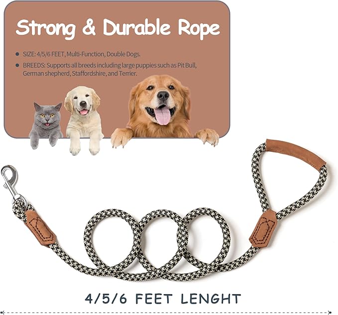 Mile High Life | Premium Leather Handle Dog Leash | Strong Rope Leash | Zinc Alloy Strong Clasp | Small Medium Large Dogs | 4/5/6 Feet(Black Khaki, 60 Inch (Pack of 1))