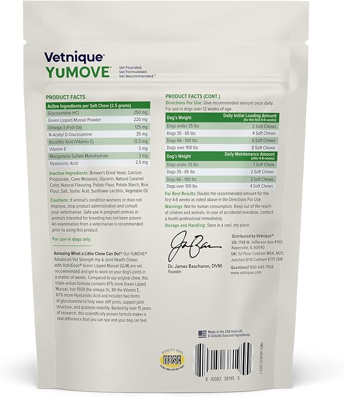 Yumove Hip & Joint Supplement for Dogs with Glucosamine, Hyaluronic Acid, Green Lipped Mussel & Omega 3 Joint Supplement - Regular or Advanced Strength (45 Count, Advanced Vet Strength Soft Chews)