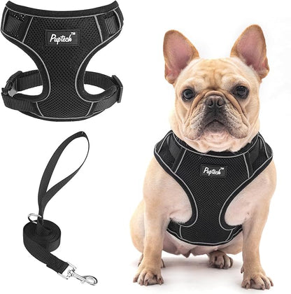 PUPTECK Small Dog Harness and Leash Set, No Pull Adjustable Puppy Cat Harness, Reflective Soft Mesh Pet Vest Small Sized, Black, L
