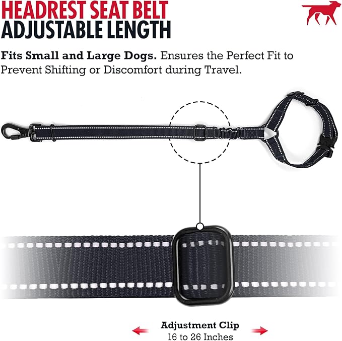 Tuff Pupper Dog Seat Belt for Car Headrest | Adjustable Length Dog Car Harness Restraint | Heavy-Duty Aviation Aluminum Carabiner & Tactical Buckle | Universal Fit for Small, Medium & Large Dogs