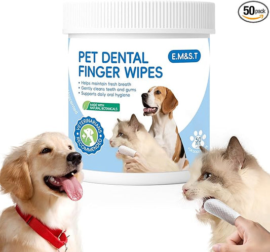Dog Dental Finger Wipes, Teeth Cleaning Wipes for Dogs & Cats, Remove Plaque Tartar Stains, Freshen Breath, No-Rinse Toothbrush Alternative, Cat Dental Care Formula, Toothbrush-Like Texture, 50 Count