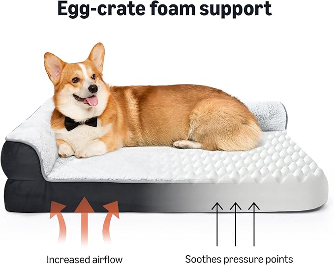 Amazon Basics Washable L-Shaped Dog Bed for Large Dogs, Anti-Slip Pet Sofa Bed for Indoor Dogs, Crate Bed, 42x30x8 Inches, Gray, Large