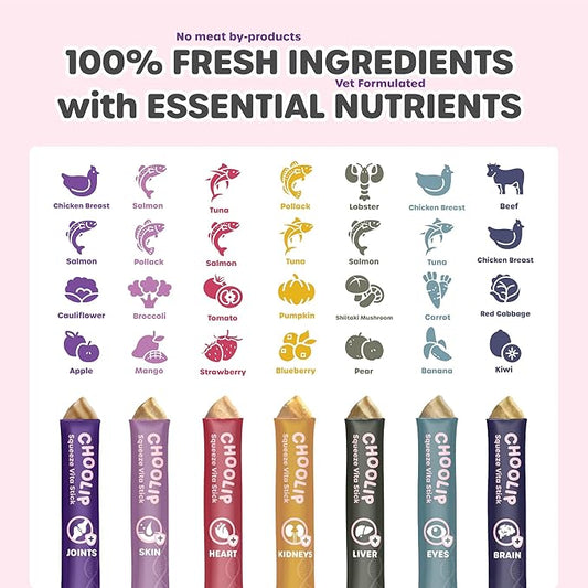 Choolip Squeeze Vita Stick Lickable Cat and Dog Treats – 7-Count Variety Pack – Creamy Puree with Multivitamins for Joints, Skin, Heart, Kidney, Liver, Eyes & Brain – Grain-Free & Vet-Formulated