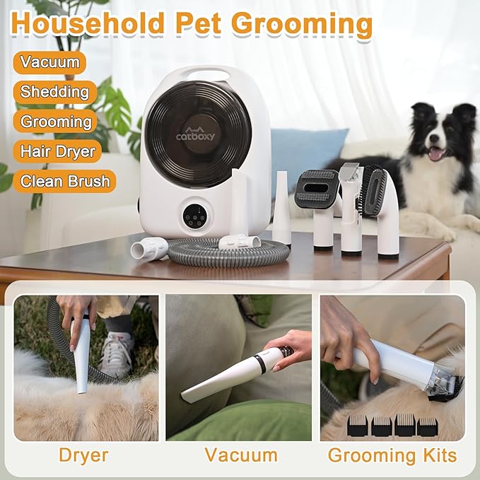Catboxy Dog Grooming Vacuum Kit,Cat Dog Hair Dryer Groomer,Pro Pet Hair Remover with Brush,Detangle,Deshed,Clean,Dry Attachments,Negative Ion Constant Temperature Fast Drying,10000Pa Pet Vacuum-White