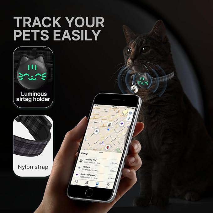 Waterproof Airtag Cat Collar, Breakaway Cat Airtag Collar with Luminous & Reflective Fish Pattern, Lightweight Kitten Collars for Apple Air tag, Hidden GPS Tracker Holder for Cats, Kittens(9-13")