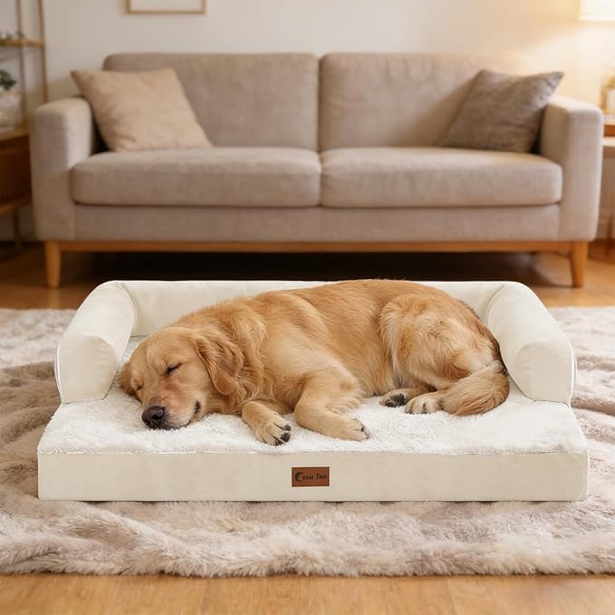 Casa Paw Orthopedic Dog Beds for Large Sized Dogs, Waterproof Egg Crate Foam Medium Dog Couch Beds for Crate 35x22Inch, Washable Pet Beds with Removable Cover and Nonskid Bottom, Beige