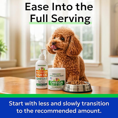 BARK&SPARK Omega 3 + Fish Oil for Dogs - Skin Allergy Chews, Itch Relief, Hot Spots Treatment - Fish Oil Liquid Supplement for Pets, EPA+DHA Fatty Acids, Skin & Coat Support - Bundle: 180 Ct + 16 Oz