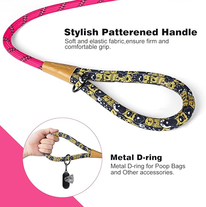lynxking Rope Dog Leash 6 FT with Comfortable Padded Handle, Highly Reflective Threads Leash for Small Medium Large Dogs (Pink, Large 1/2in x 6ft-Rope Clasp)