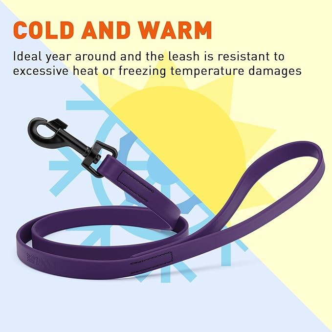 Dogline Biothane Waterproof Dog Leash Strong Coated Nylon Webbing with Black Hardware Odor-Proof Easy to Clean High Performance for Small or Large Dogs Made in USA 4 or 6 ft Lead, Violet Purple