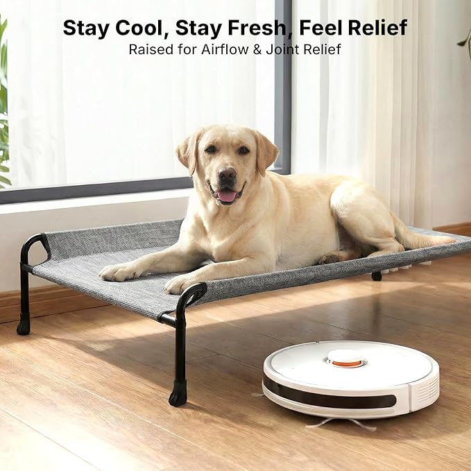 Veehoo Outdoor Elevated Dog Bed, Extra Large Raised Dog Bed with Headrest Sides, Washable Cooling Dog Cot with Non-Skid Feet, Breathable Mesh, Pet Hammock for Indoor or Camping, 47", Black Silver