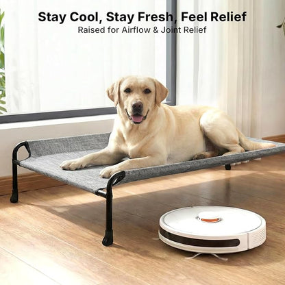 Veehoo Outdoor Elevated Dog Bed, Extra Large Raised Dog Bed with Headrest Sides, Washable Cooling Dog Cot with Non-Skid Feet, Breathable Mesh, Pet Hammock for Indoor or Camping, 47", Black Silver