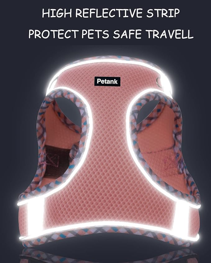 Petank Dog Harness (Pink, L) - Jacquard Mesh, Velcro Design, Reflective Strip, No Pull, Puppy Harness and Leash Set, Small to Medium Dogs, Walking, Running, Training