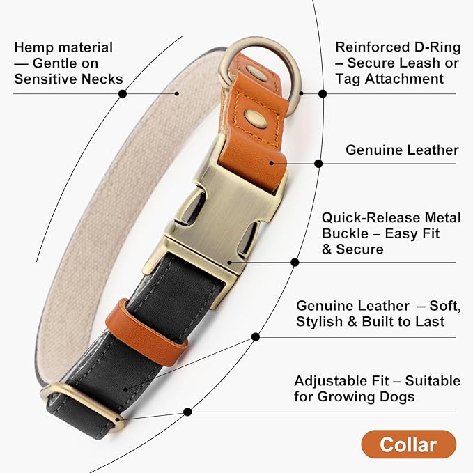 Plutus Pet Genuine Leather & Hemp Dog Collar – Adjustable Heavy Duty Pet Collar with Quick Release Metal Buckle, Soft & Stylish for Puppy and Small, Medium, Large Dogs (Black, XS)