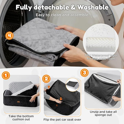 Gimars Reversible Dog Car Seat with Long & Short Plush Seat Cushion for Small/Medium Dogs Up to 60lbs, Detachable Washable Anti-Slip Dog Booster Seat with 5.1'' 28D Egg-Crate Foam, Safety Belt, L