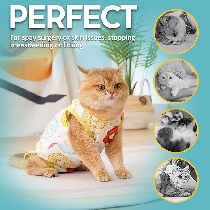 Avont Cat Recovery Suit - Kitten Onesie for Cats After Surgery, Cone of Shame Alternative Surgical Spay Suit for Female Cat, Post-Surgery or Skin Diseases Protection -Donut(L)