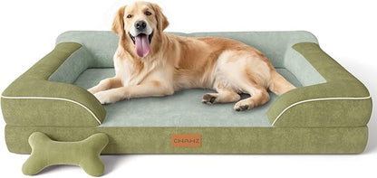 CWAWZ Extra Large Dog Bed, Orthopedic Dog Bed with Cooling Gel Memory Foam, Waterproof XL Pet Bed with Removable Washable Cover, 42" Pet Sofa Couch Dutch Velvet with Bone Toy, Dark Green